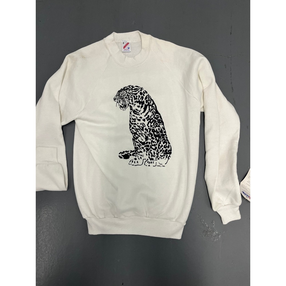 Vintage Jerzees NuBlend Leopard Graphic Sweatshirt White Made in USA Medium NWT